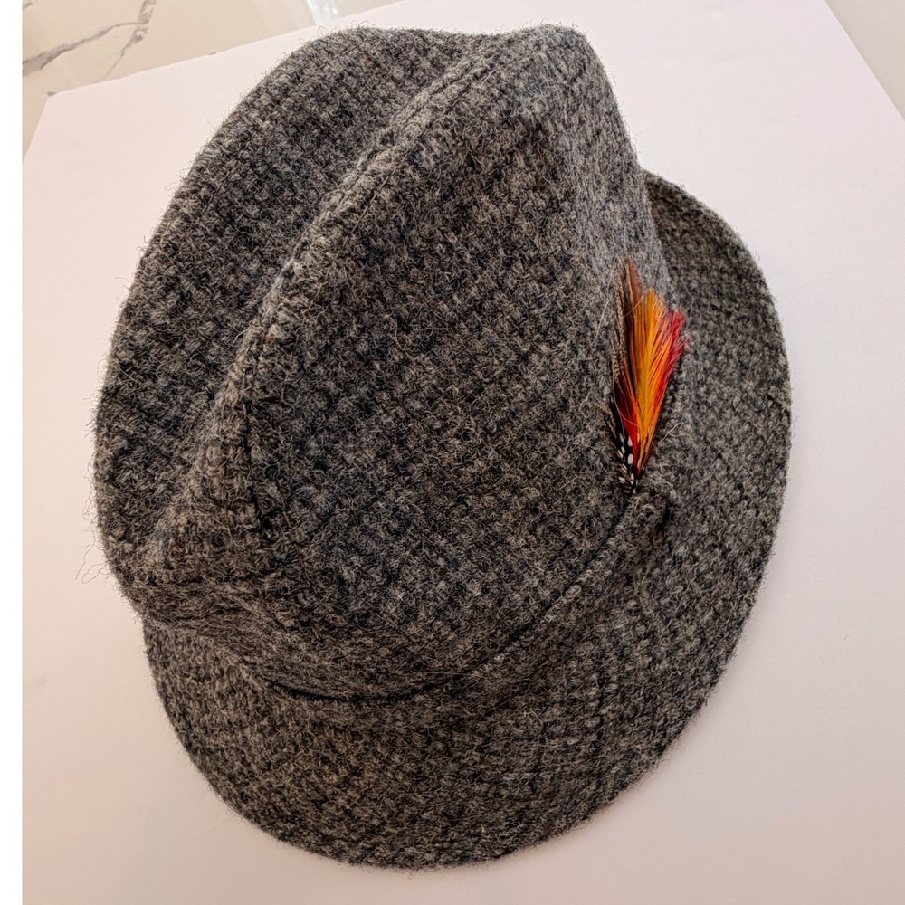 Vintage Harris Tweed Fedora Hat Gray Herringbone 100% Wool Scotland Feather